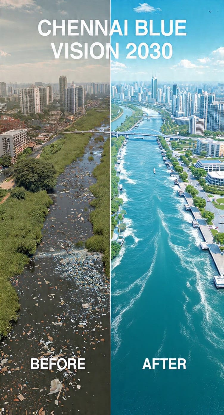 Split before and after comparison of the Cooum River, polluted on the left and restored on the right