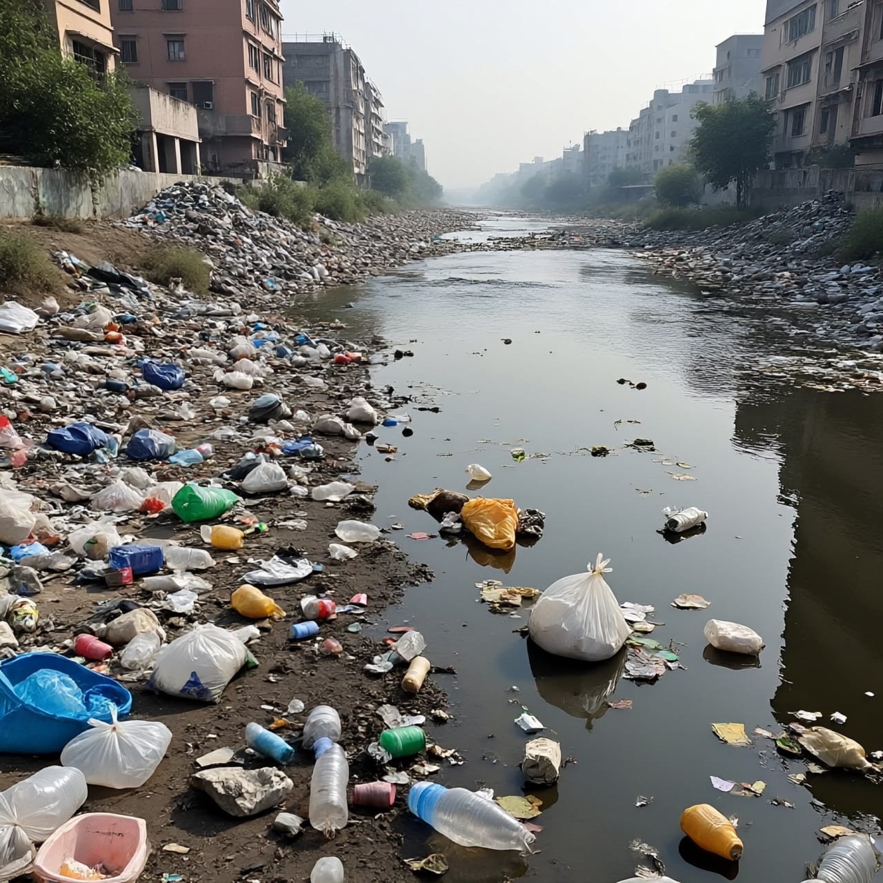 The Cooum River today, banks covered in plastic waste