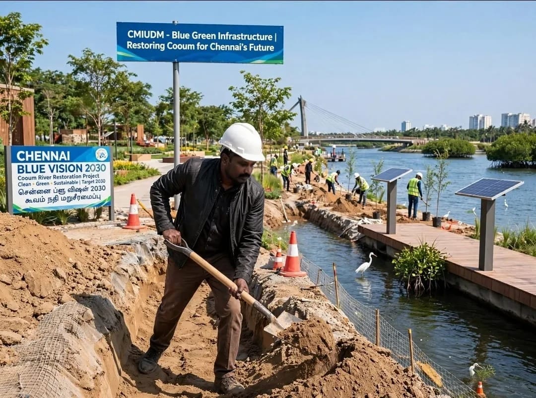 Chennai Blue Vision 2030 night riverfront concept