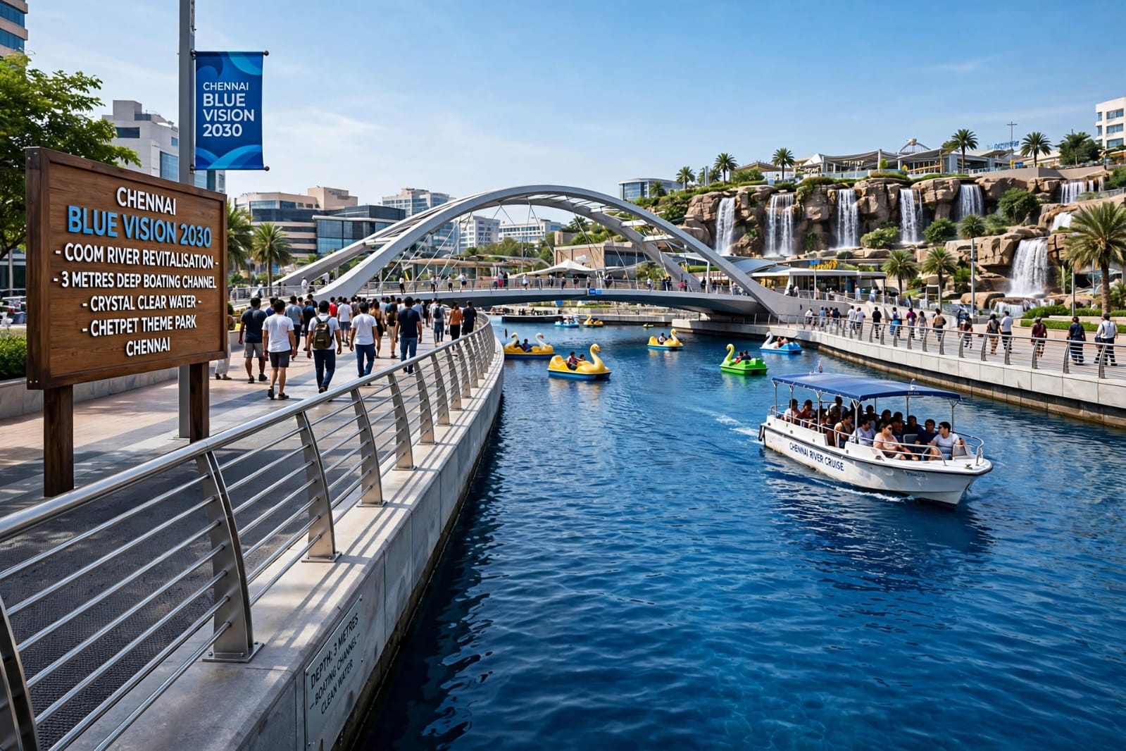 Chennai Blue Vision 2030 future riverfront with bridge, boating and public spaces
