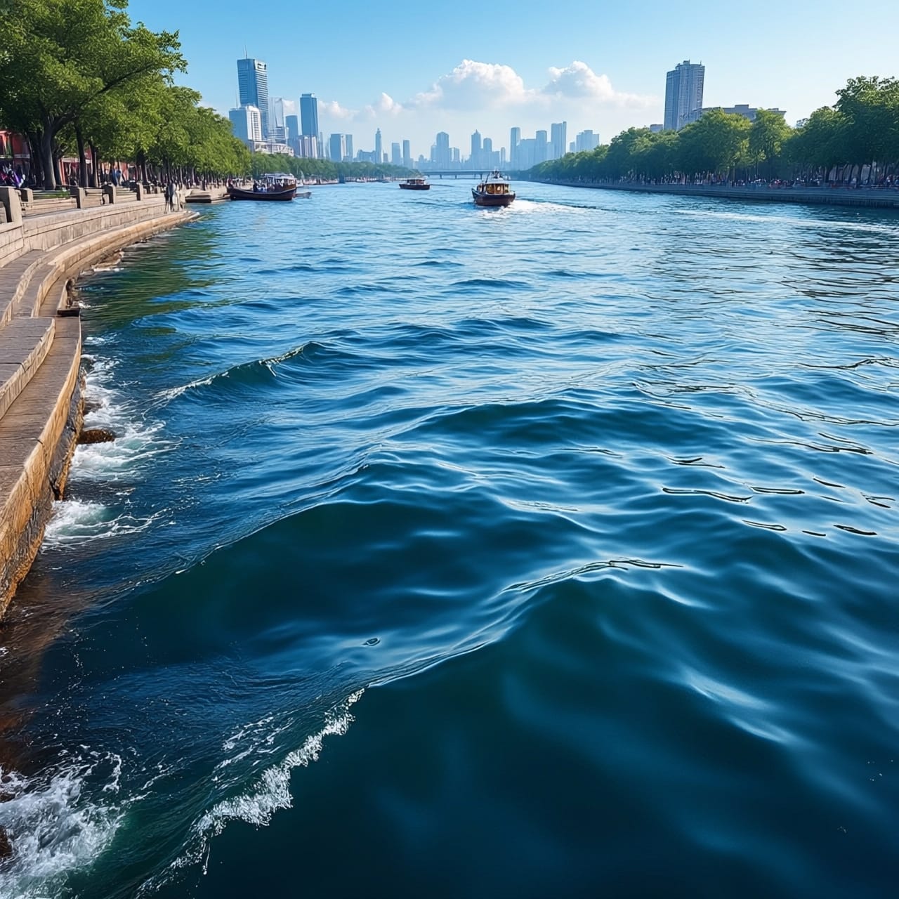 Clean river with boats and tree-lined banks