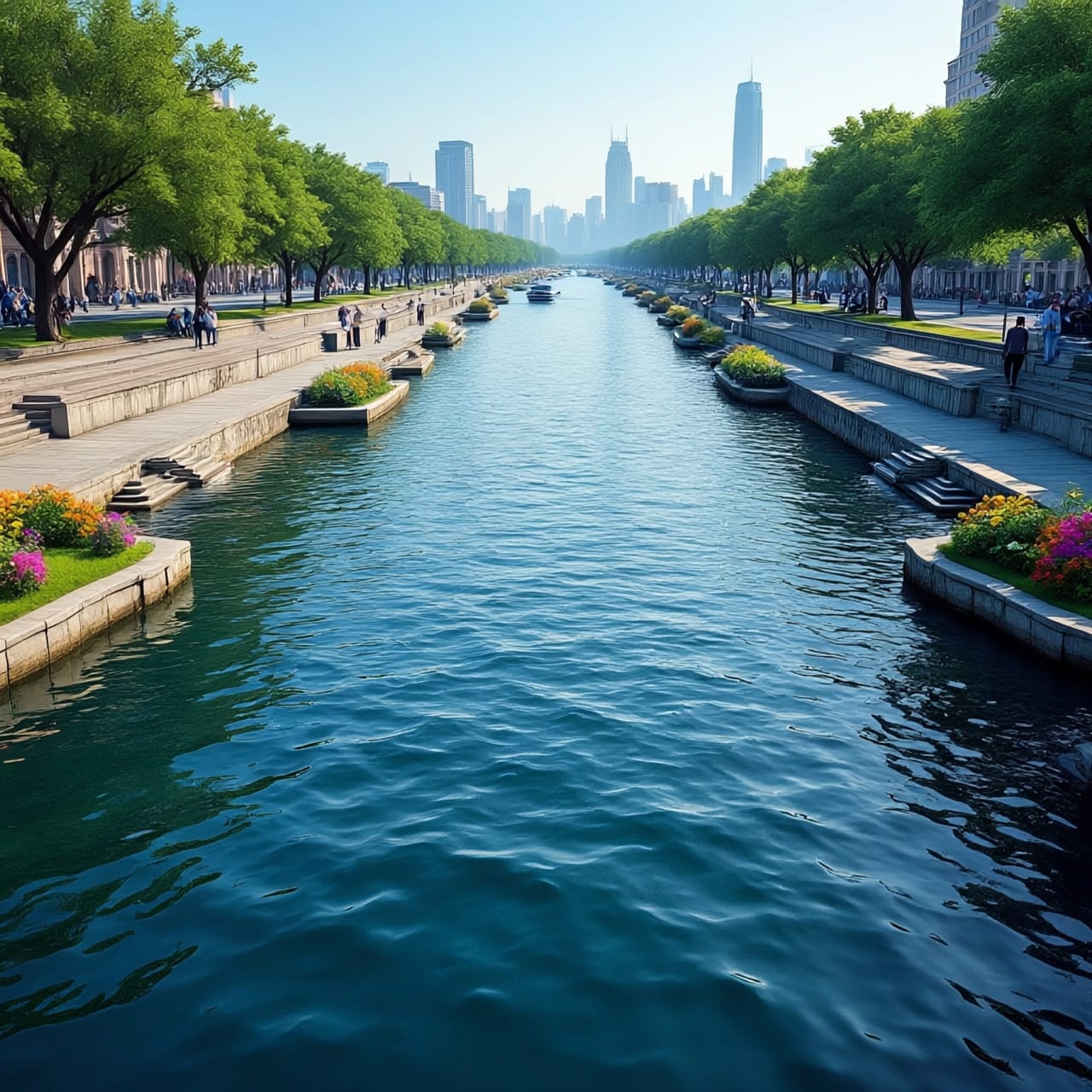 Flowered promenade along a restored city river