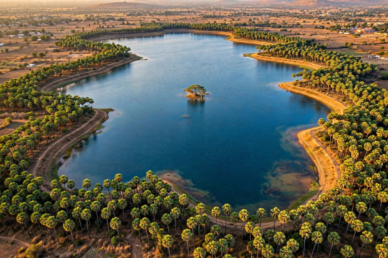 Palm-lined lake with an island grove