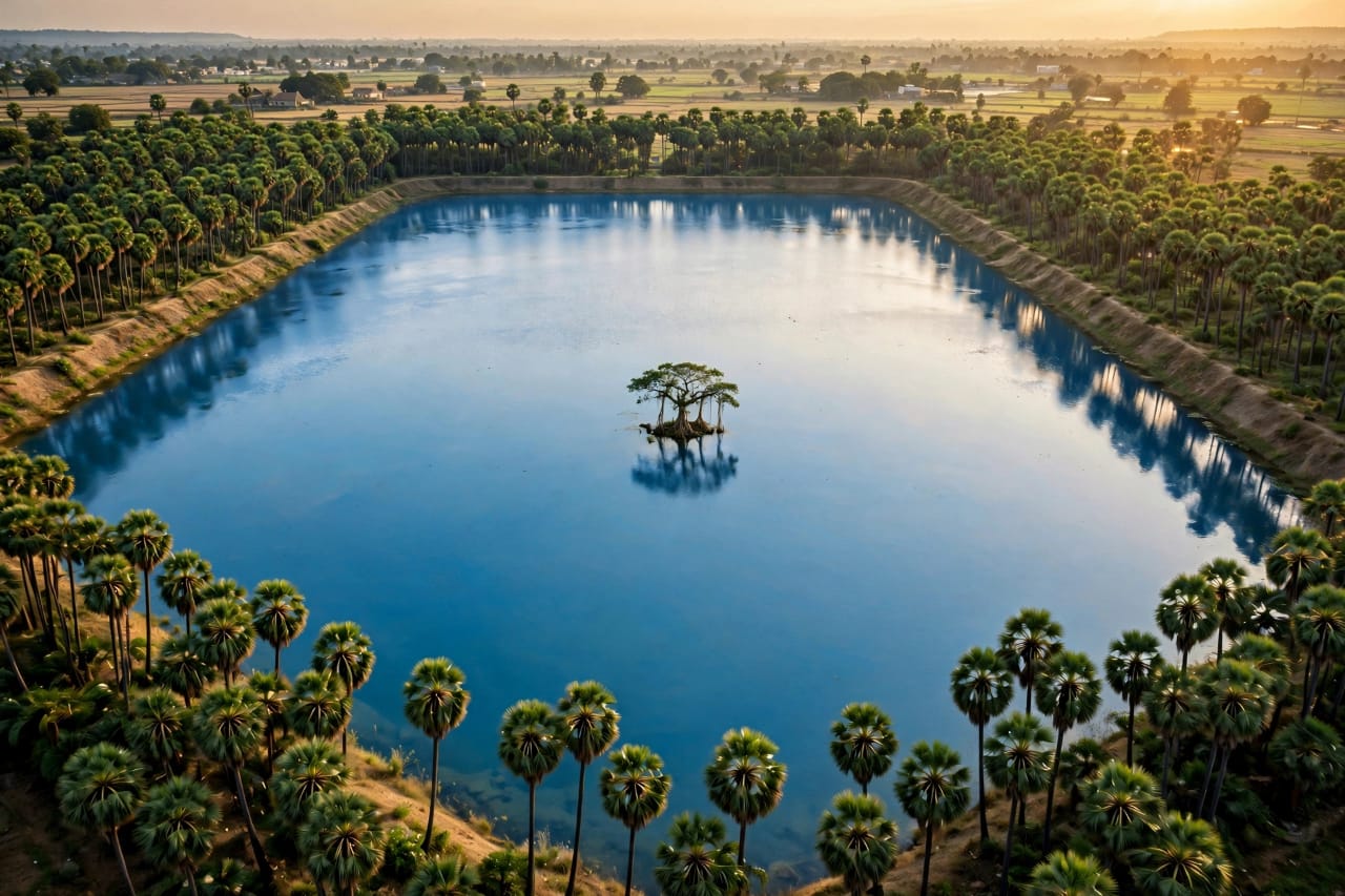 Square lake framed by palmyra palms
