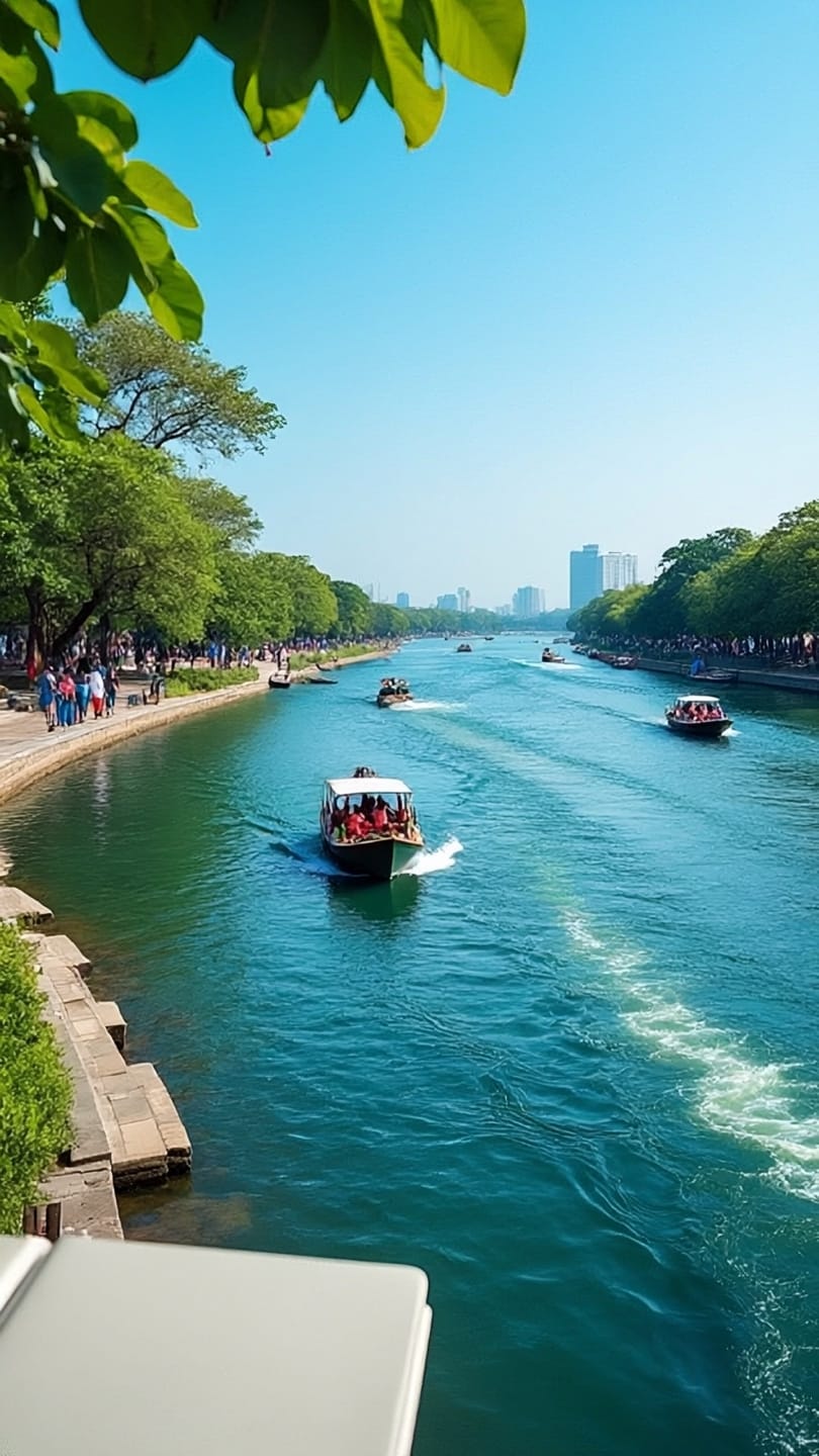River boats on a restored, tree-lined Cooum