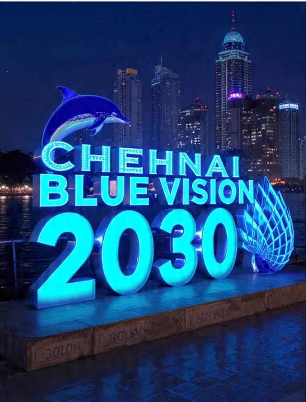 Chennai Blue Vision 2030 night sculpture